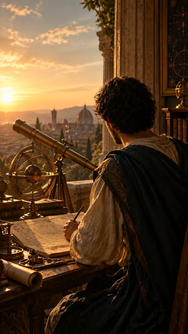 A cinematic historical astronomer working beside a window.