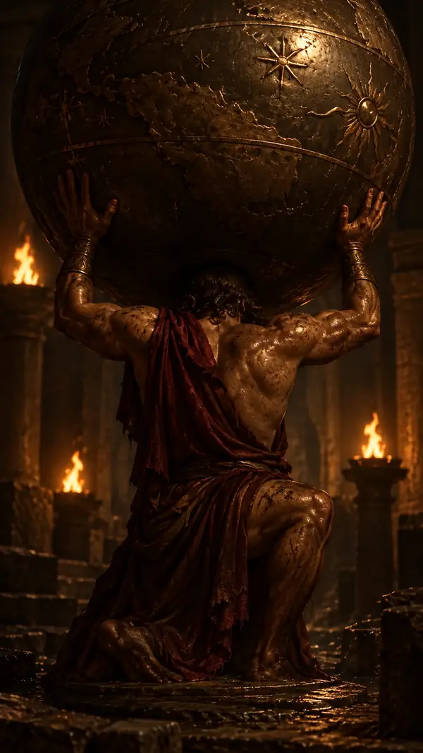 A dramatic ancient Greek myth scene in warm bronze light.