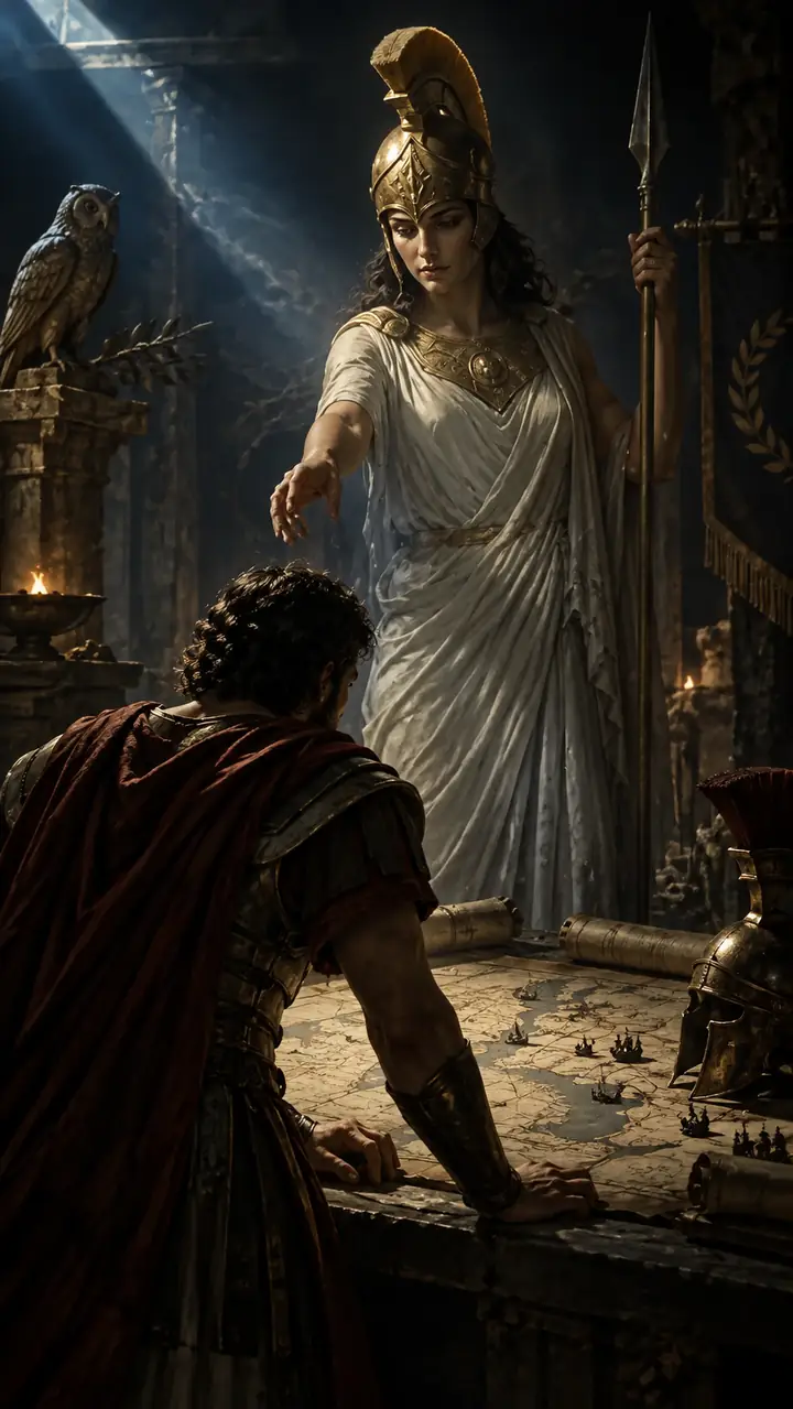 Athena and Arachne in a moody scene inspired by Greek mythology.