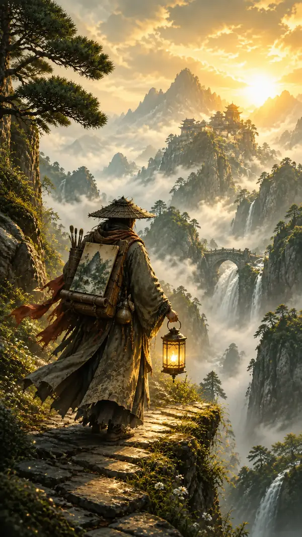 A painterly traveler carrying a lantern through misty mountains.