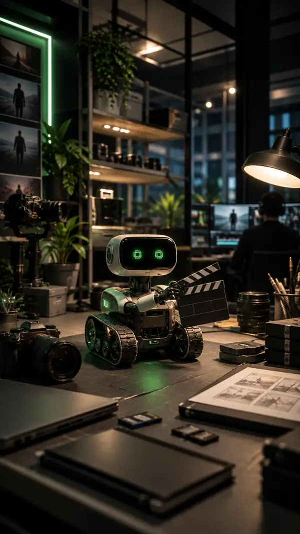 A small robot in a modern technology workshop.