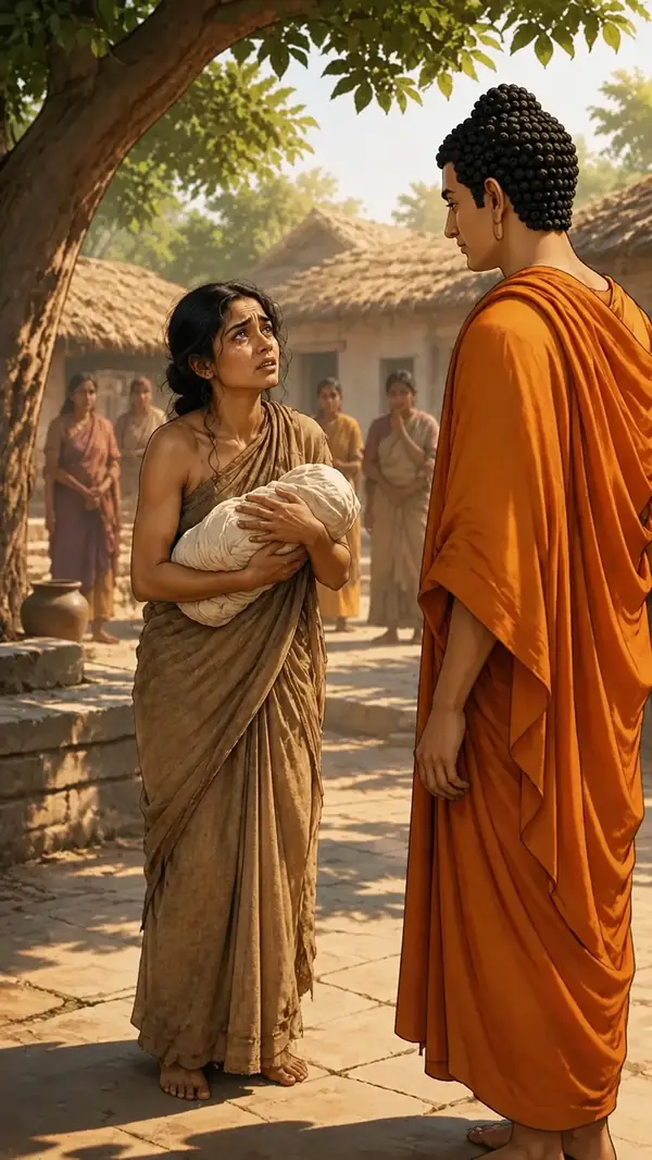 A softly lit historical scene illustrating the story of Kisa Gotami.