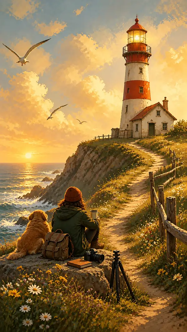 A warmly illustrated storybook lighthouse overlooking the sea.