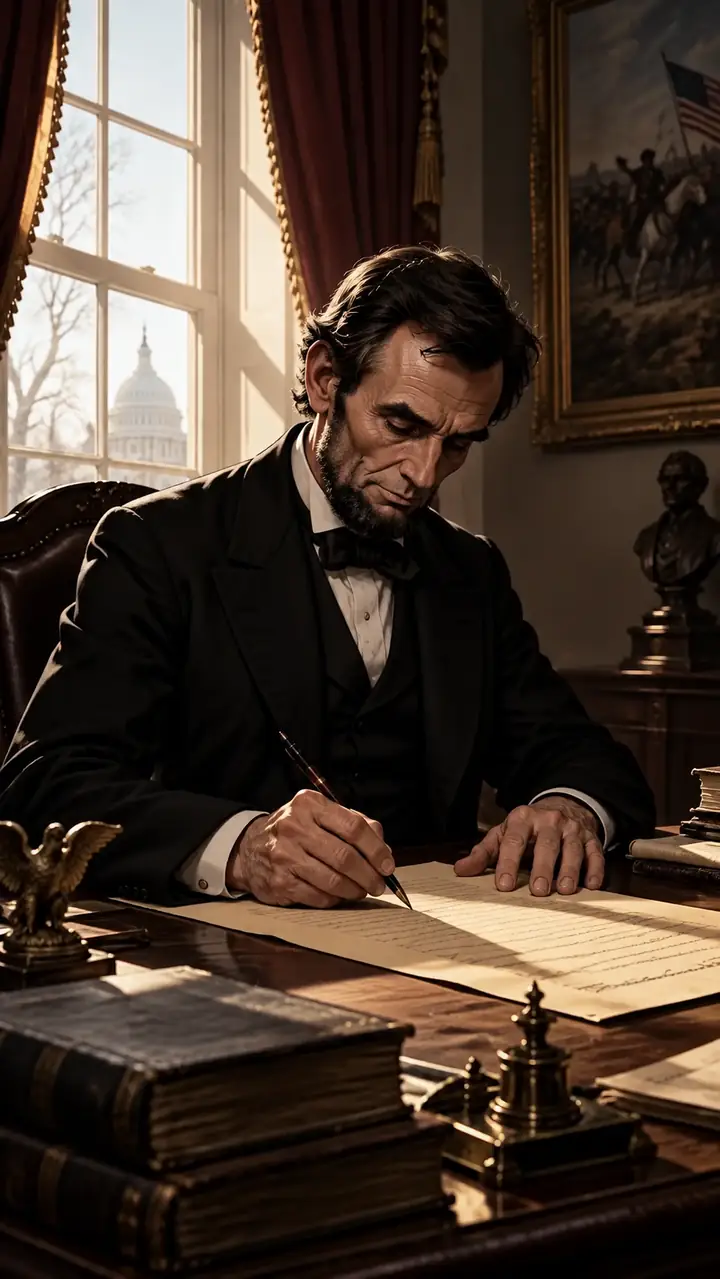 Abraham Lincoln working at a desk in a warmly lit nineteenth-century room.