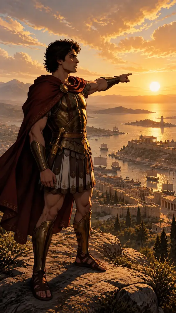 Alexander the Great overlooking a landscape at sunset.