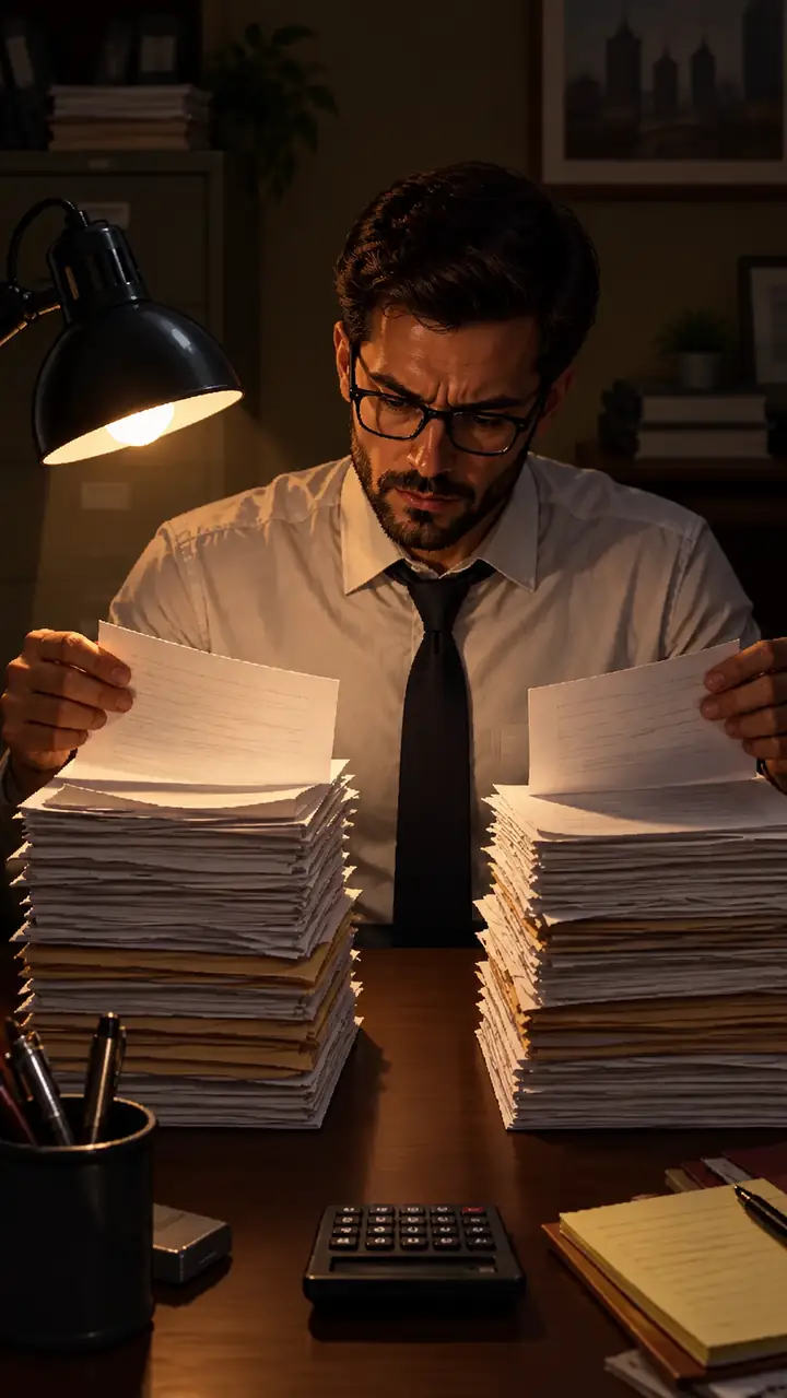 An accountant studies papers in a softly lit office.